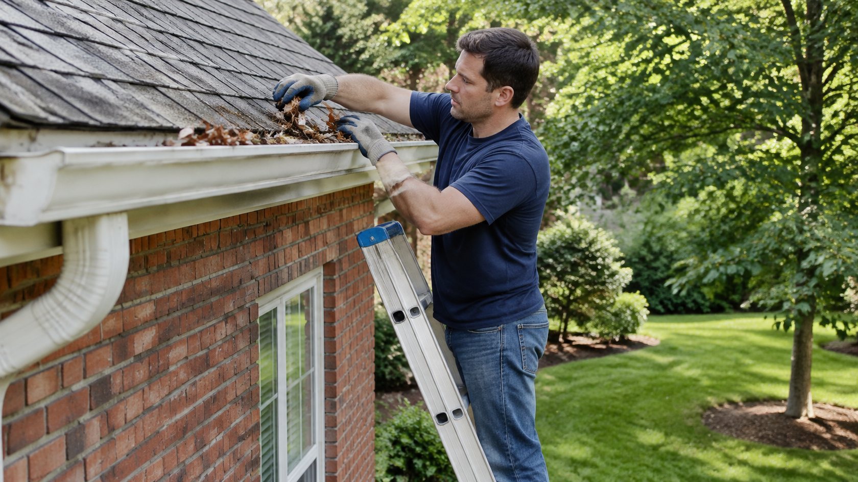 Coastal Repair Squad pro clearing leaves from a gutter at a Hinesville home